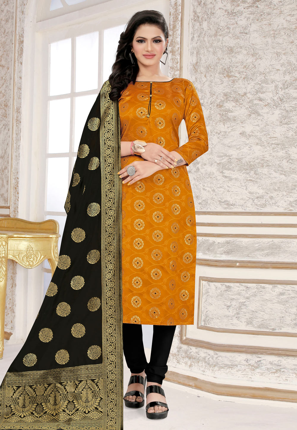 Mustard Banarasi Silk Churidar Salwar Suit 235473