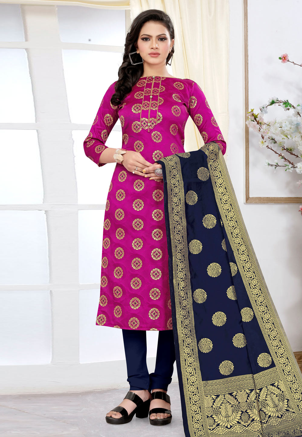 Magenta Banarasi Silk Churidar Suit 235474