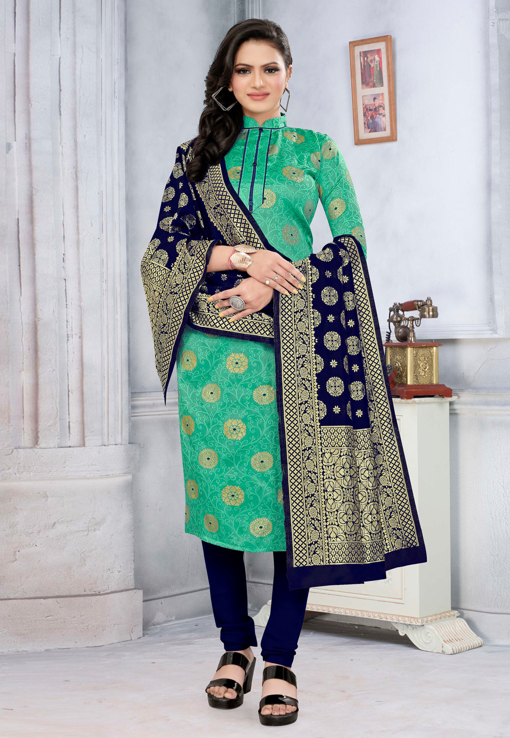 Sea Green Banarasi Silk Churidar Salwar Suit 235475