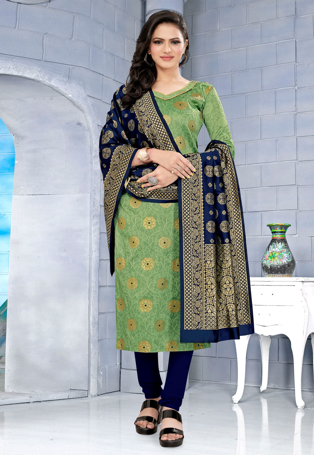 Green Banarasi Silk Churidar Suit 235476