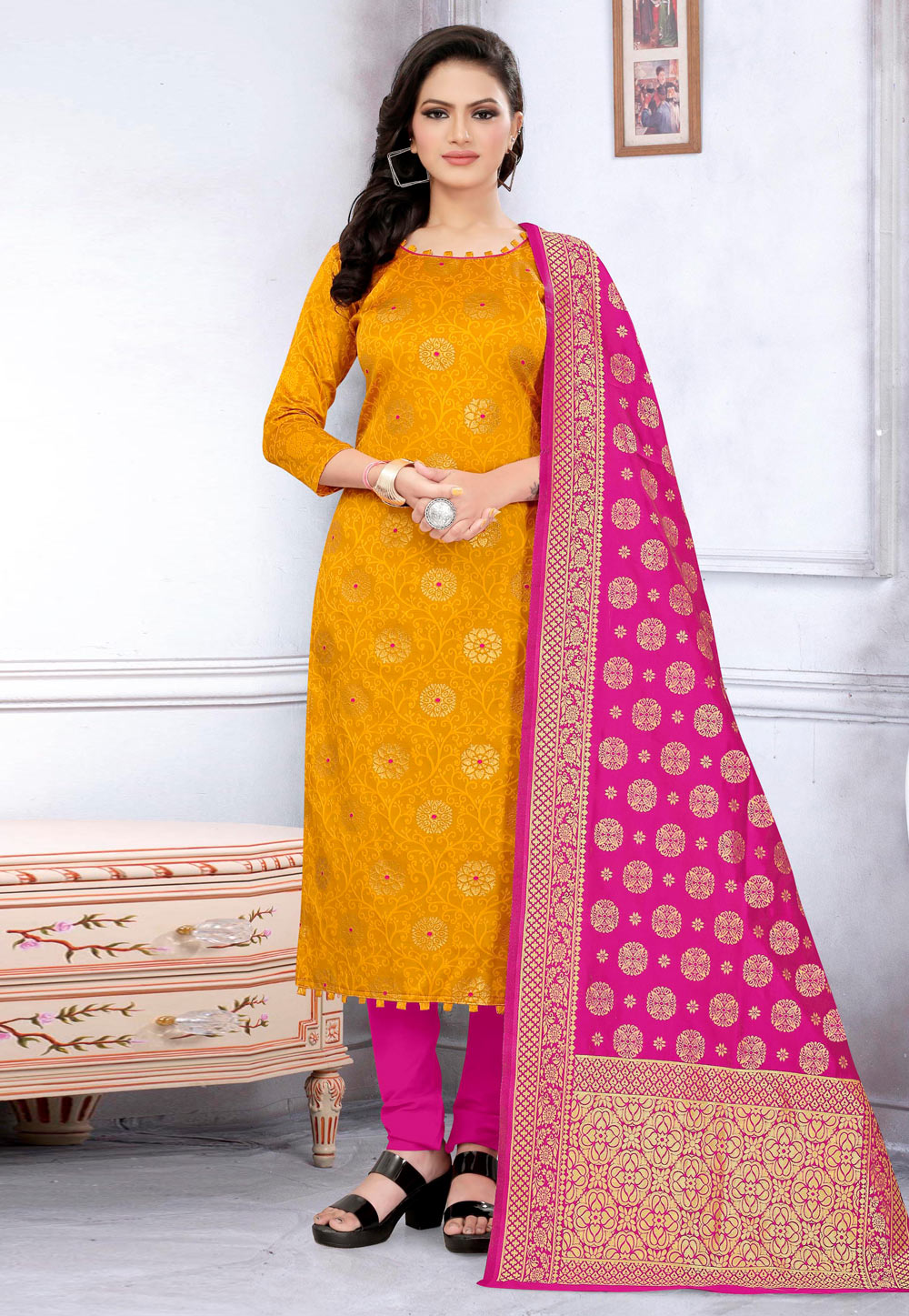 Mustard Banarasi Silk Churidar Suit 235478
