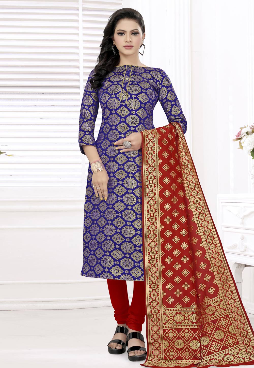 Blue Banarasi Silk Churidar Suit 235482