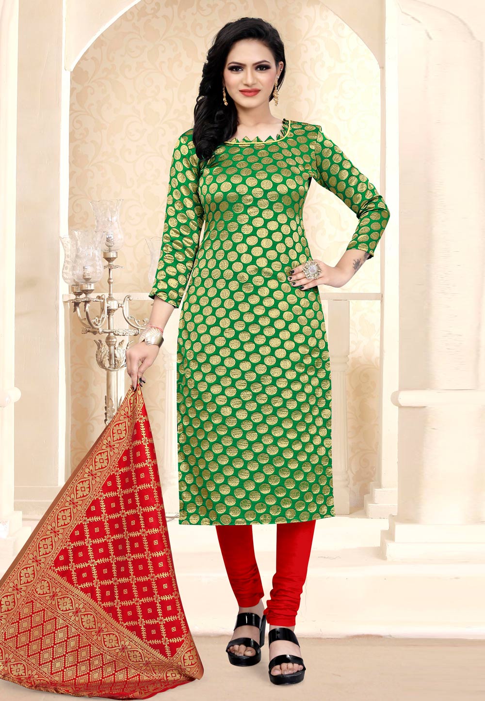 Green Banarasi Silk Churidar Suit 235484