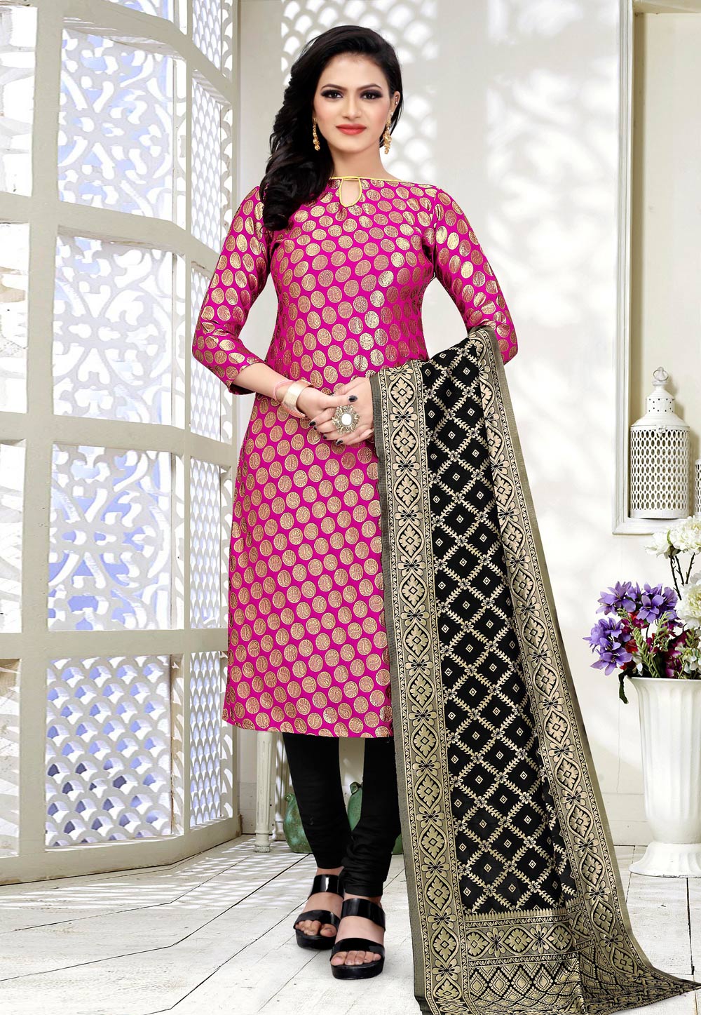 Pink Banarasi Silk Churidar Suit 235486