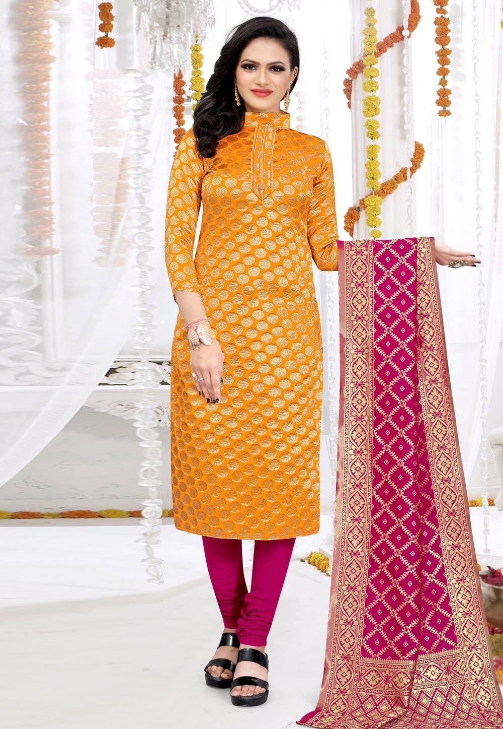 Mustard Banarasi Silk Churidar Salwar Suit 235489