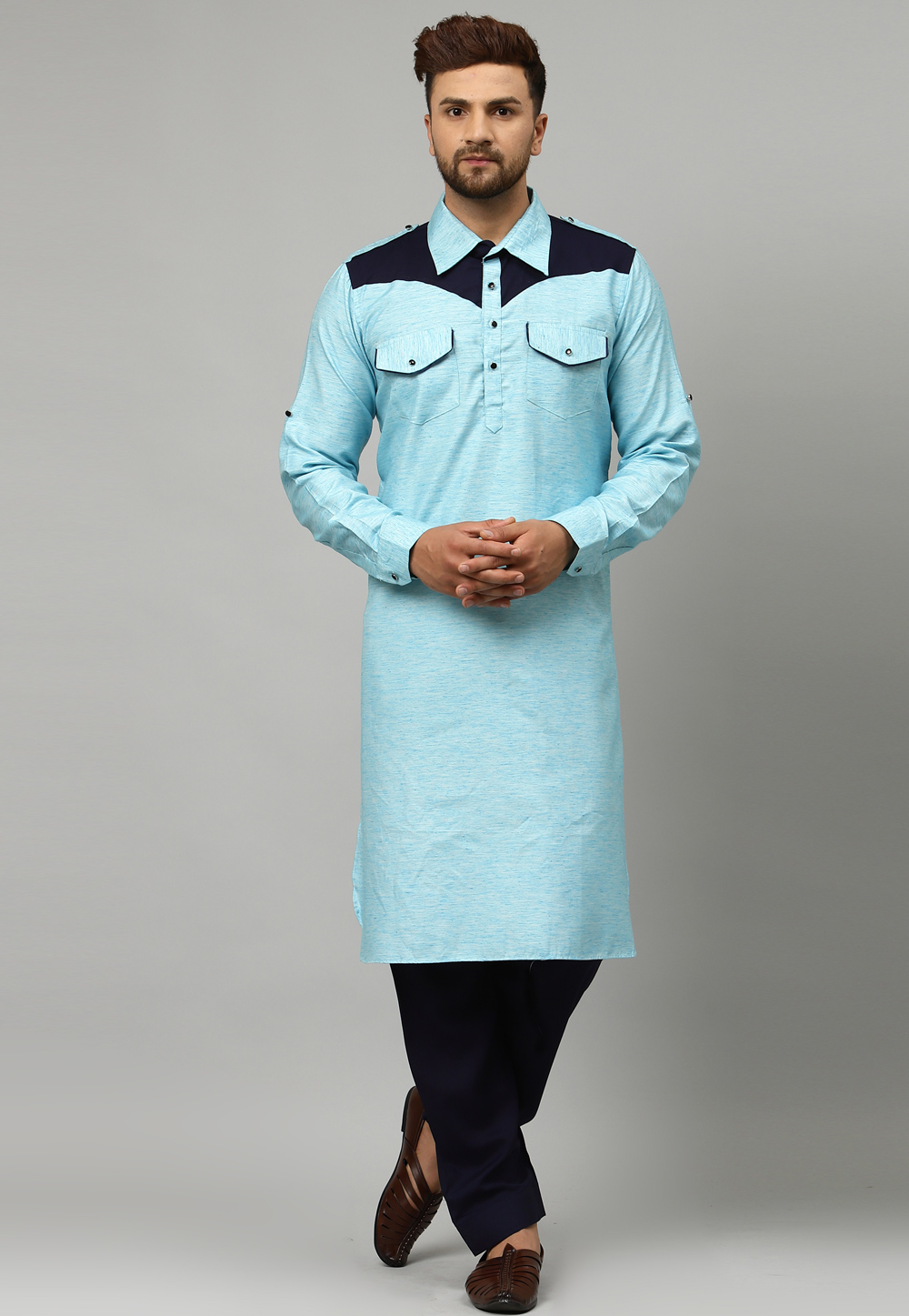 Sky Blue Satin Pathani Suit 229837
