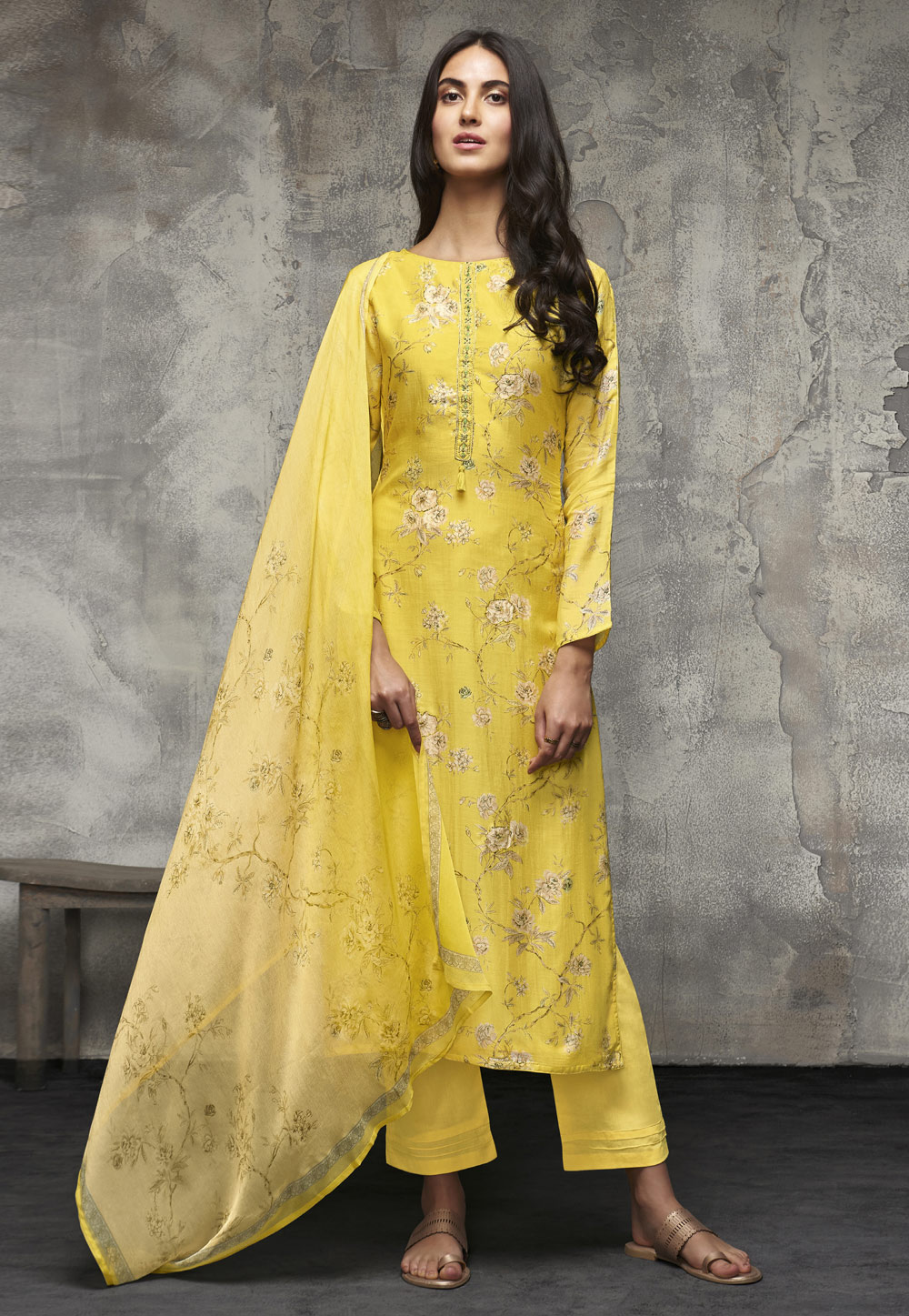 Yellow Lawn Cotton Pant Style Suit 197579