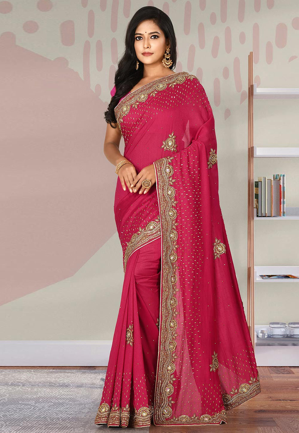 Buy Pink Art Silk Cotton Chikankari Saree Festive Wear Online at Best Price