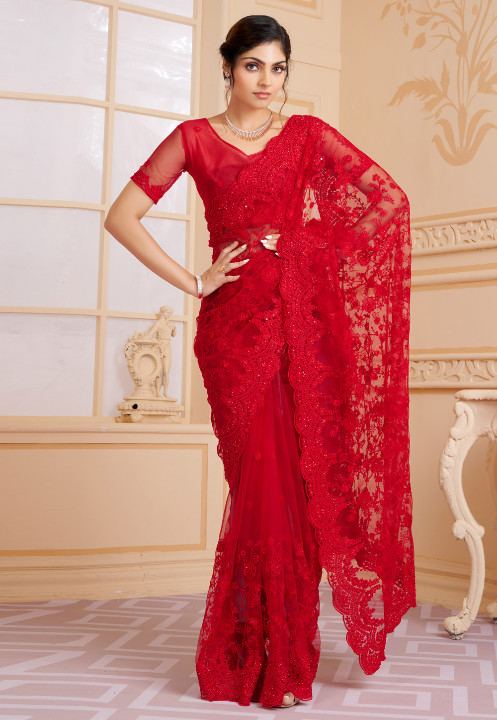 Red Net Saree With Blouse 247480
