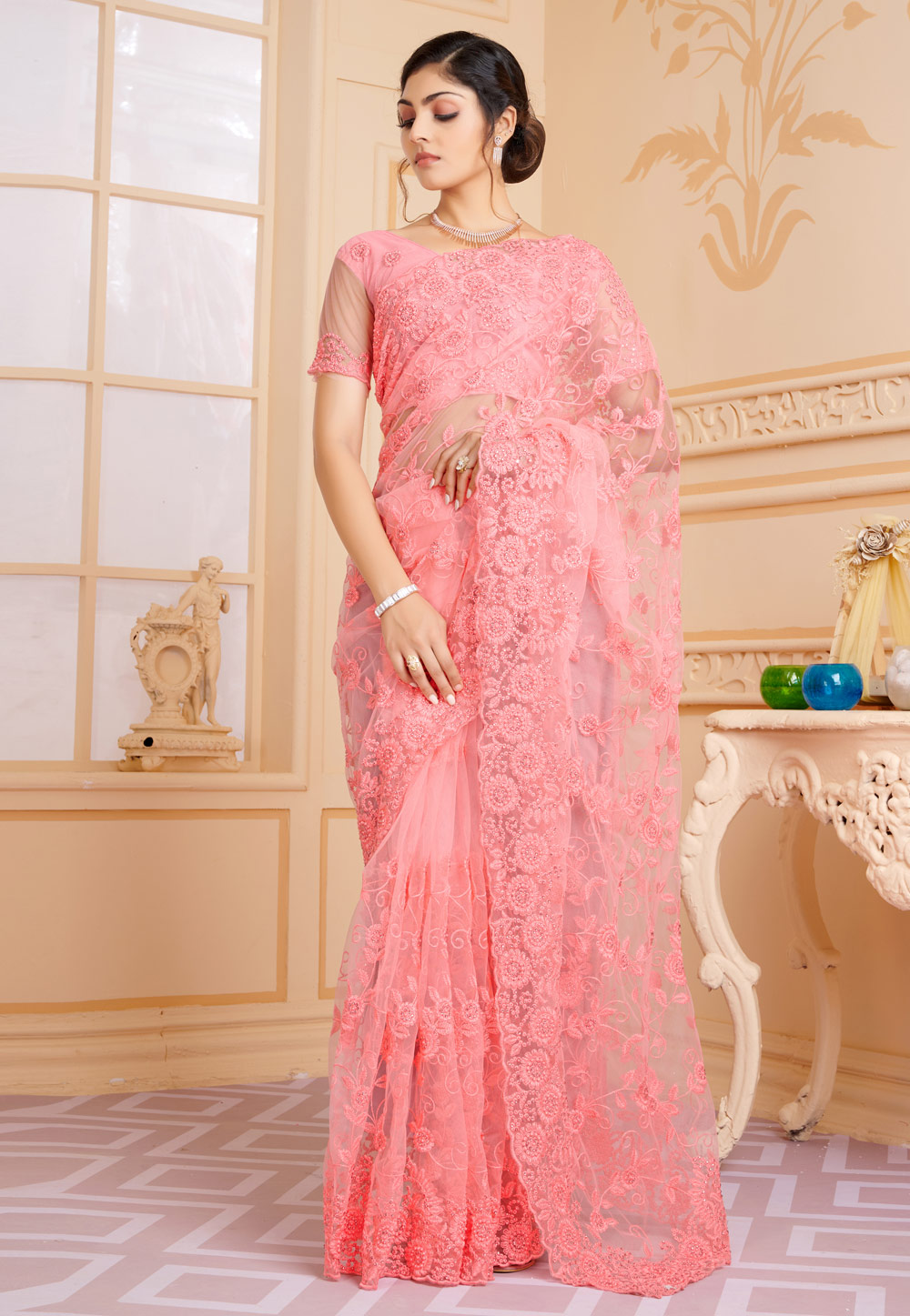 Pink Net Saree With Stone Work 247483