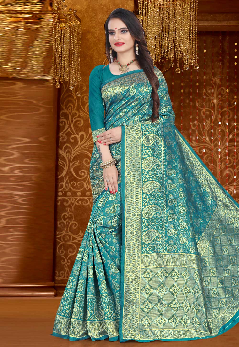 Turquoise Blue Jacquard Saree With Blouse 198049