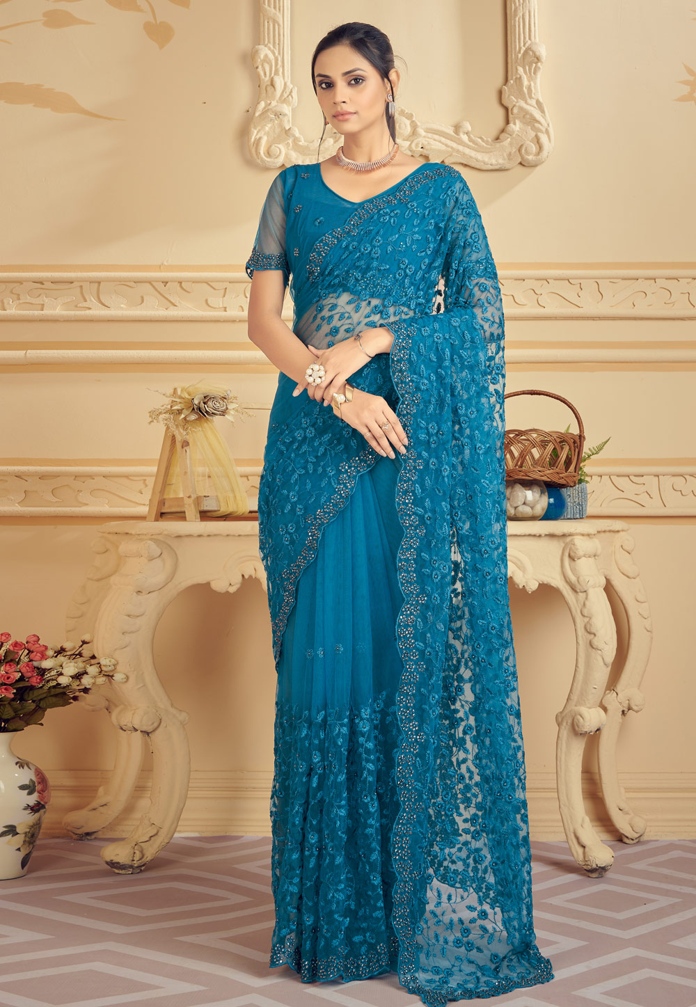 Blue Net Saree With Blouse 247484