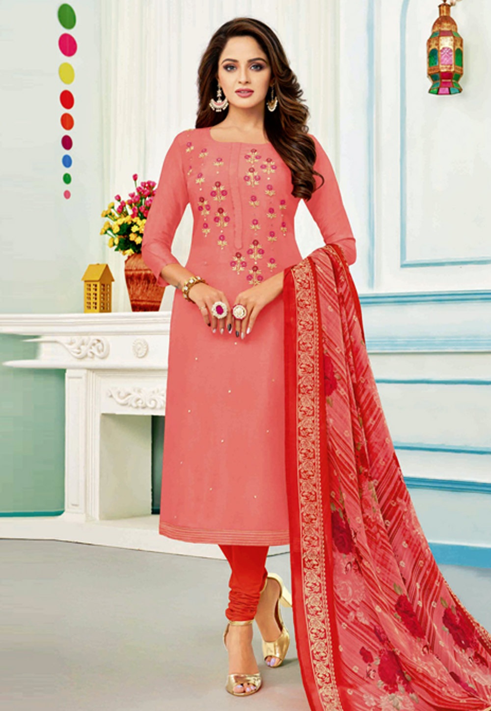 Pink Chanderi Cotton Churidar Suit 235700