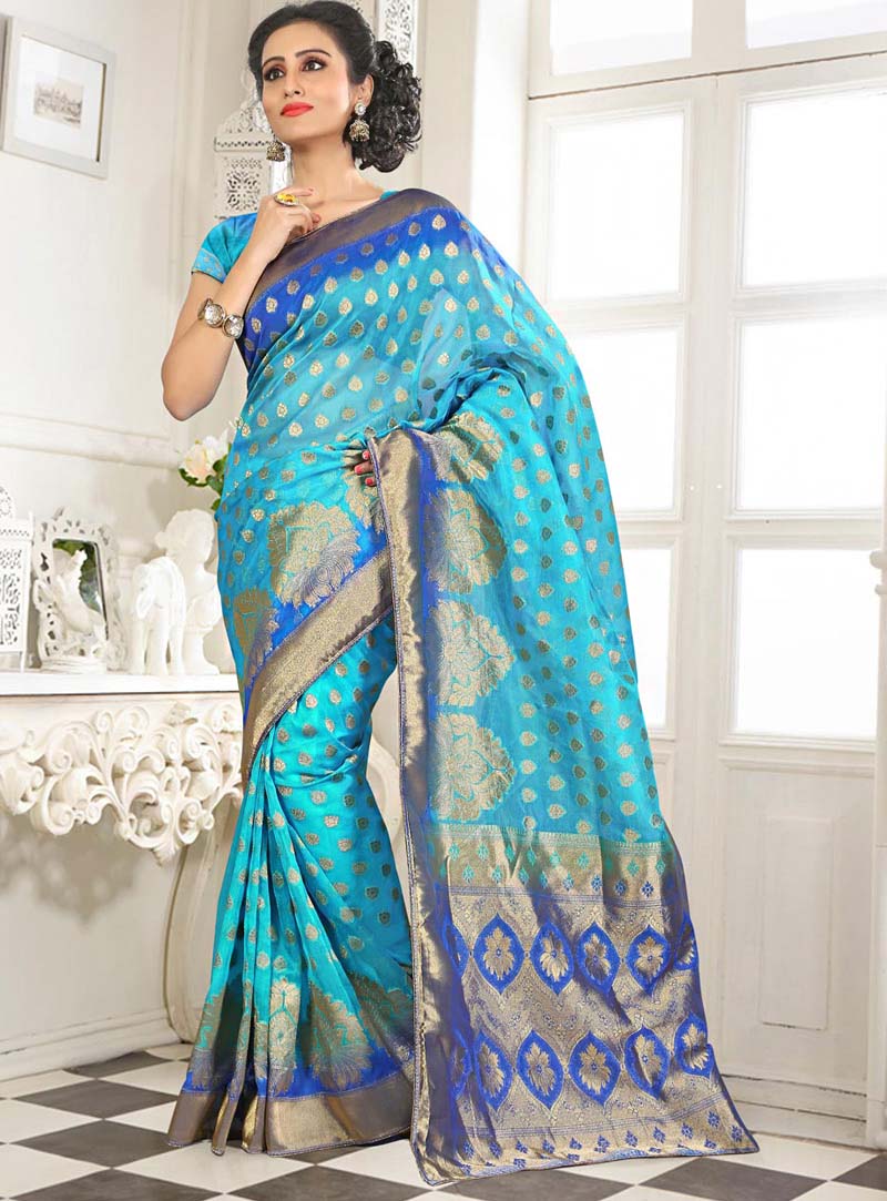 Sky Blue Banarasi Silk Saree With Blouse 64064