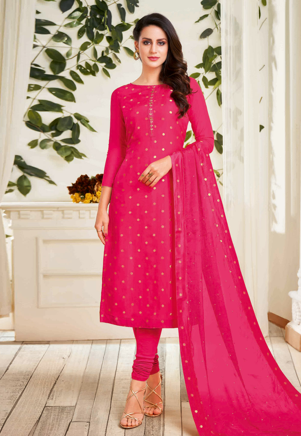 Pink Chanderi Cotton Churidar Suit 235708