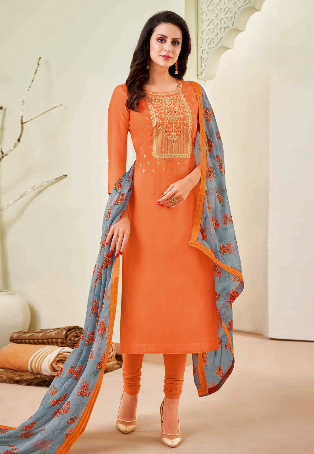 Orange Chanderi Cotton Churidar Suit 235716