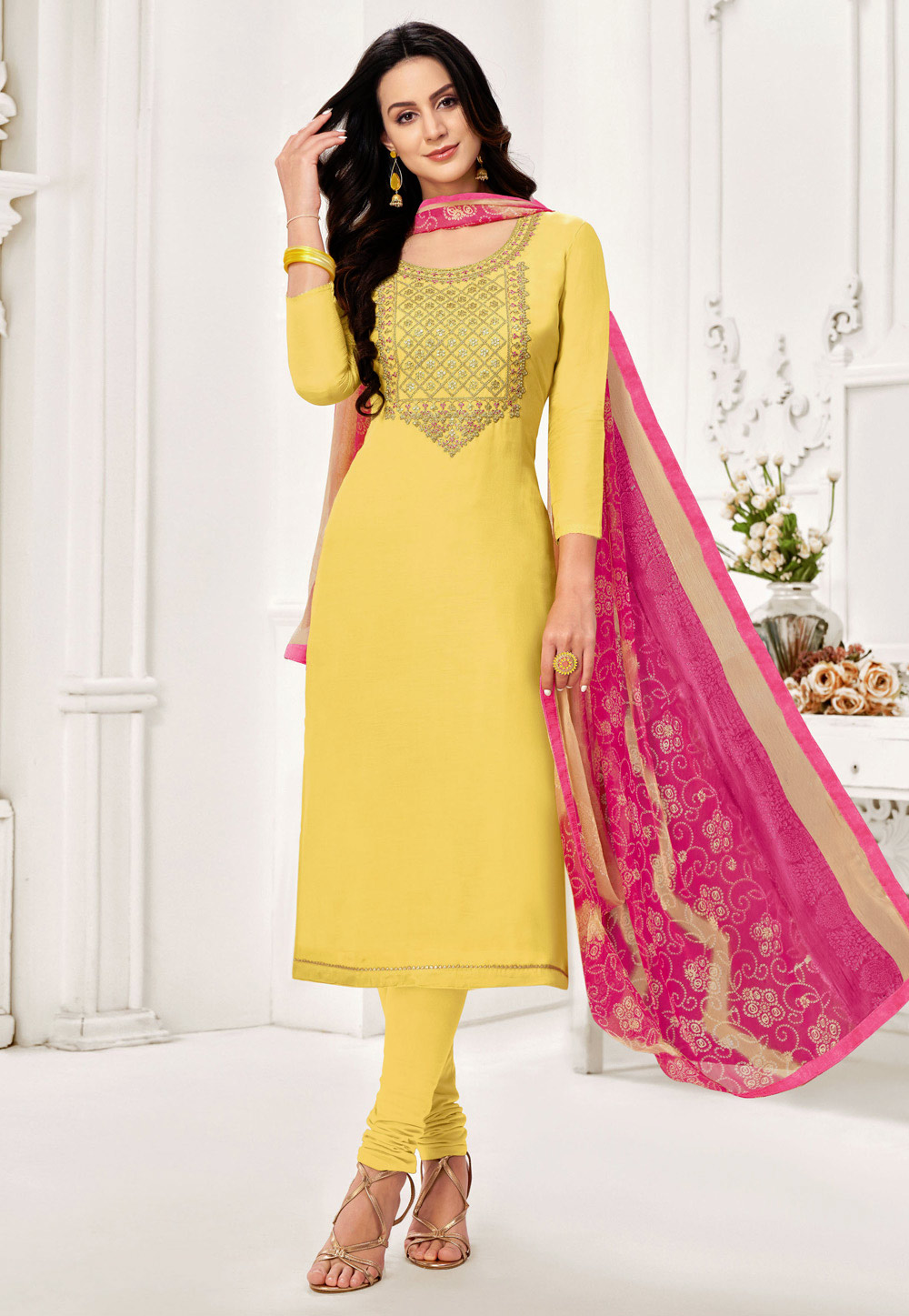 Yellow Chanderi Cotton Churidar Salwar Suit 235737