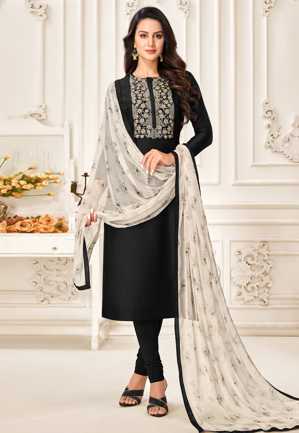 Black Chanderi Cotton Churidar Salwar Suit 235739