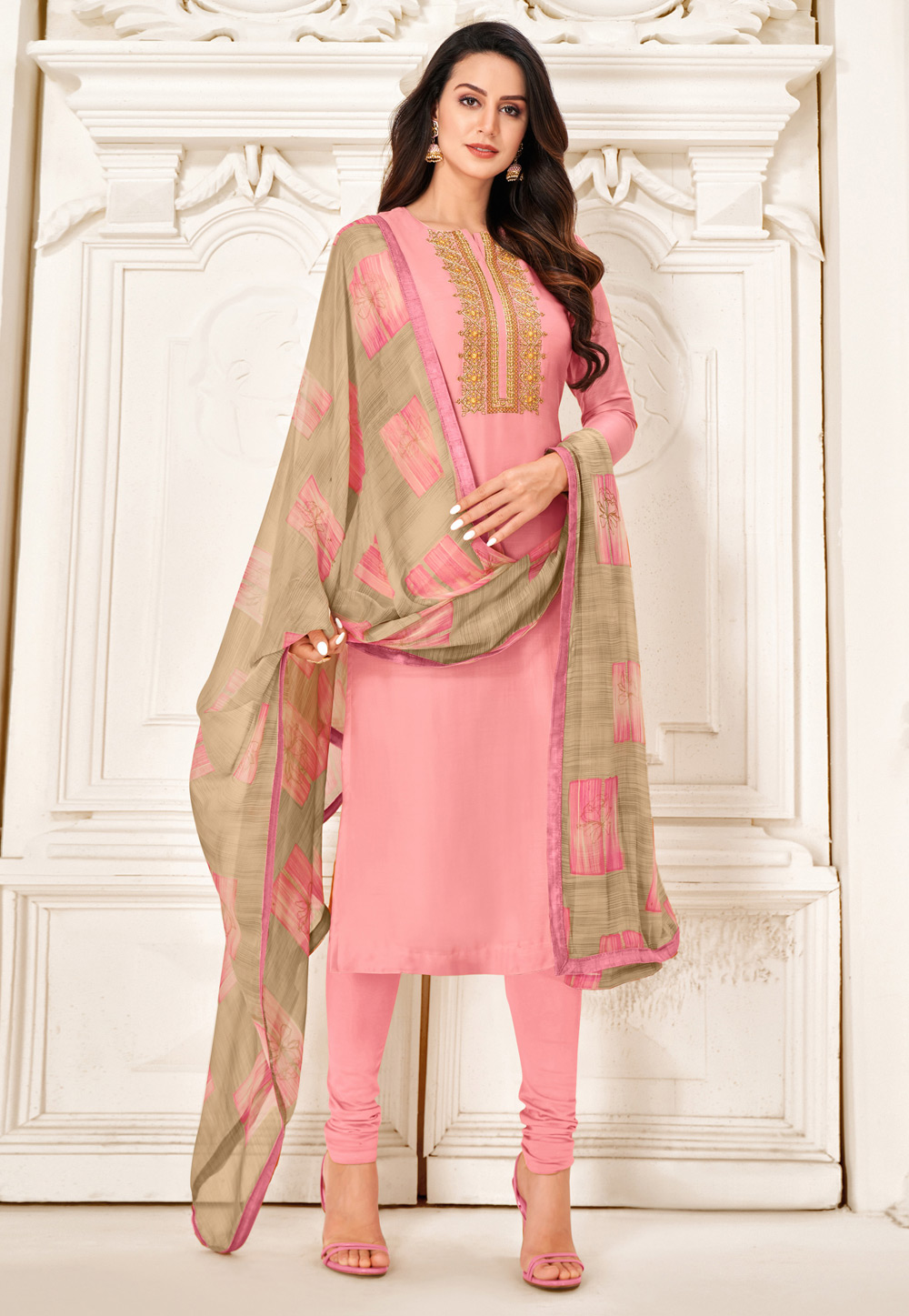 Pink Chanderi Cotton Churidar Suit 235740