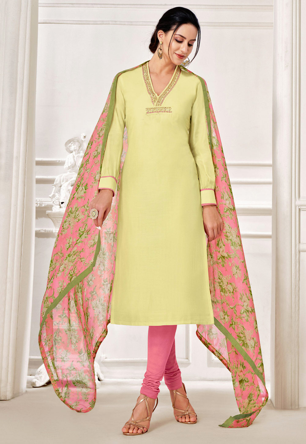 Yellow Chanderi Cotton Churidar Suit 235742