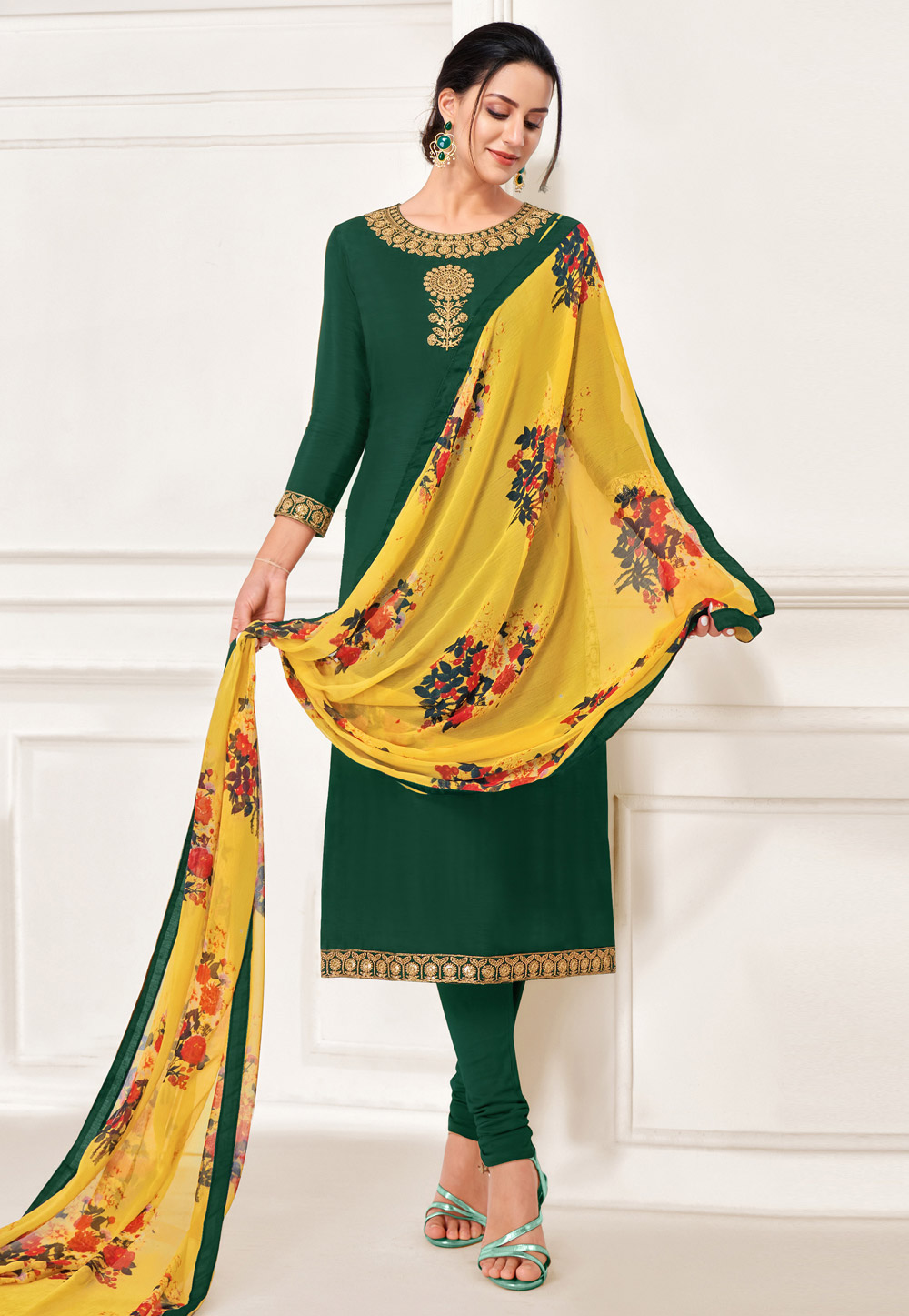 Green Chanderi Cotton Churidar Salwar Suit 235743