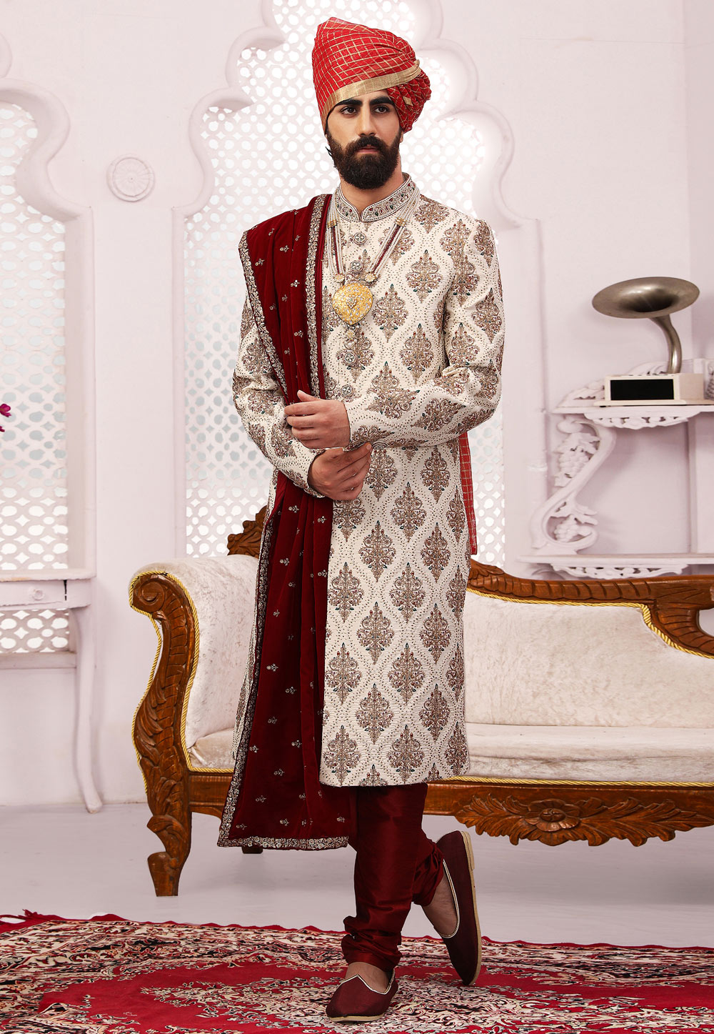 Off White Banarasi Silk Achkan Style Sherwani 239991