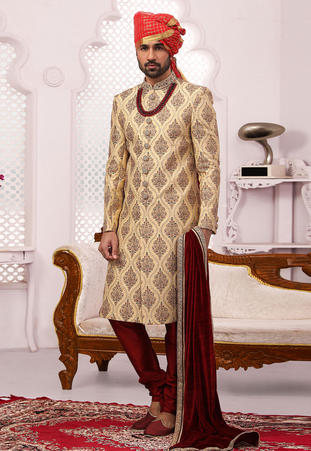 Golden Banarasi Silk Achkan Style Sherwani 239992
