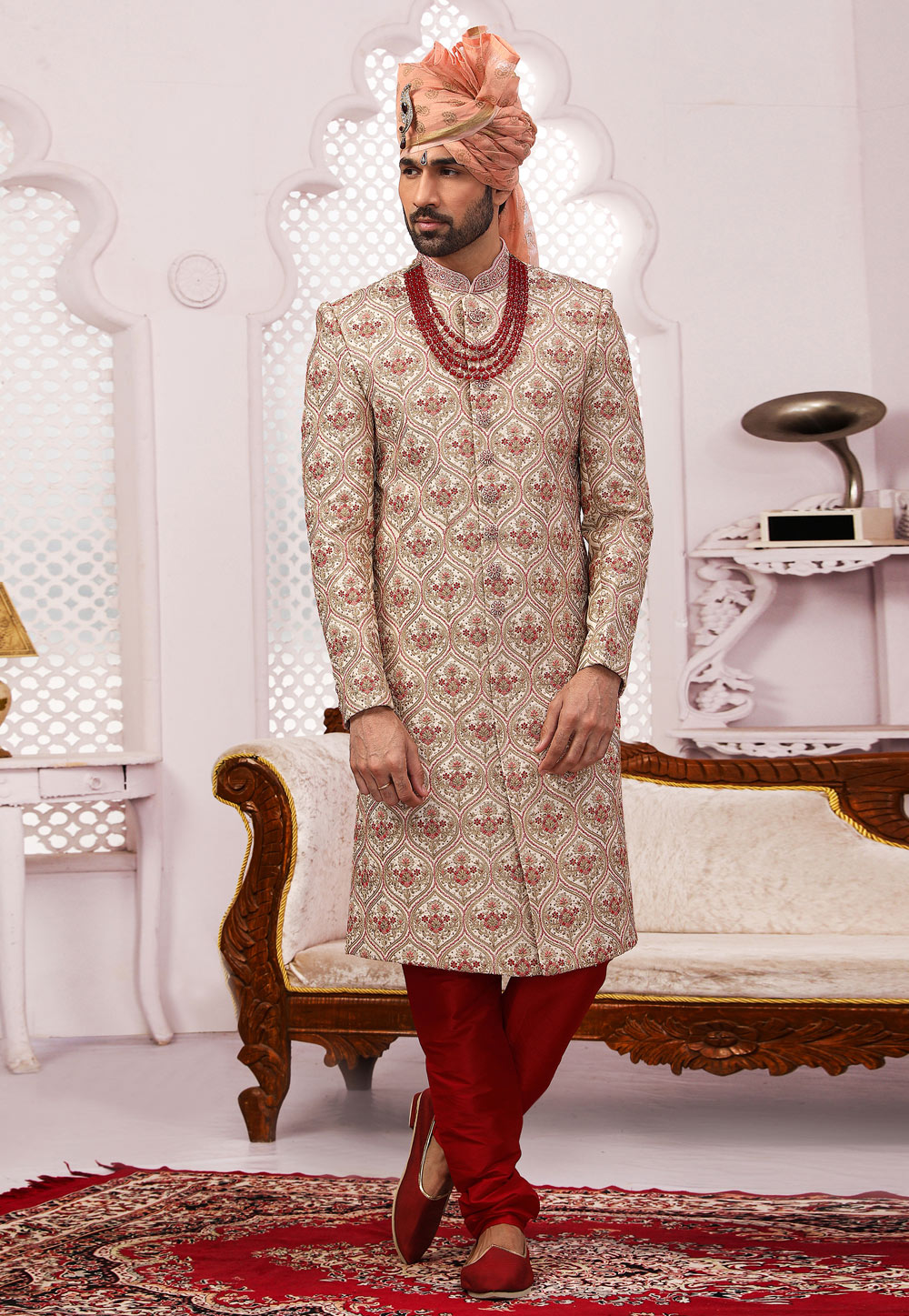 Off White Banarasi Silk Achkan Style Sherwani 239993