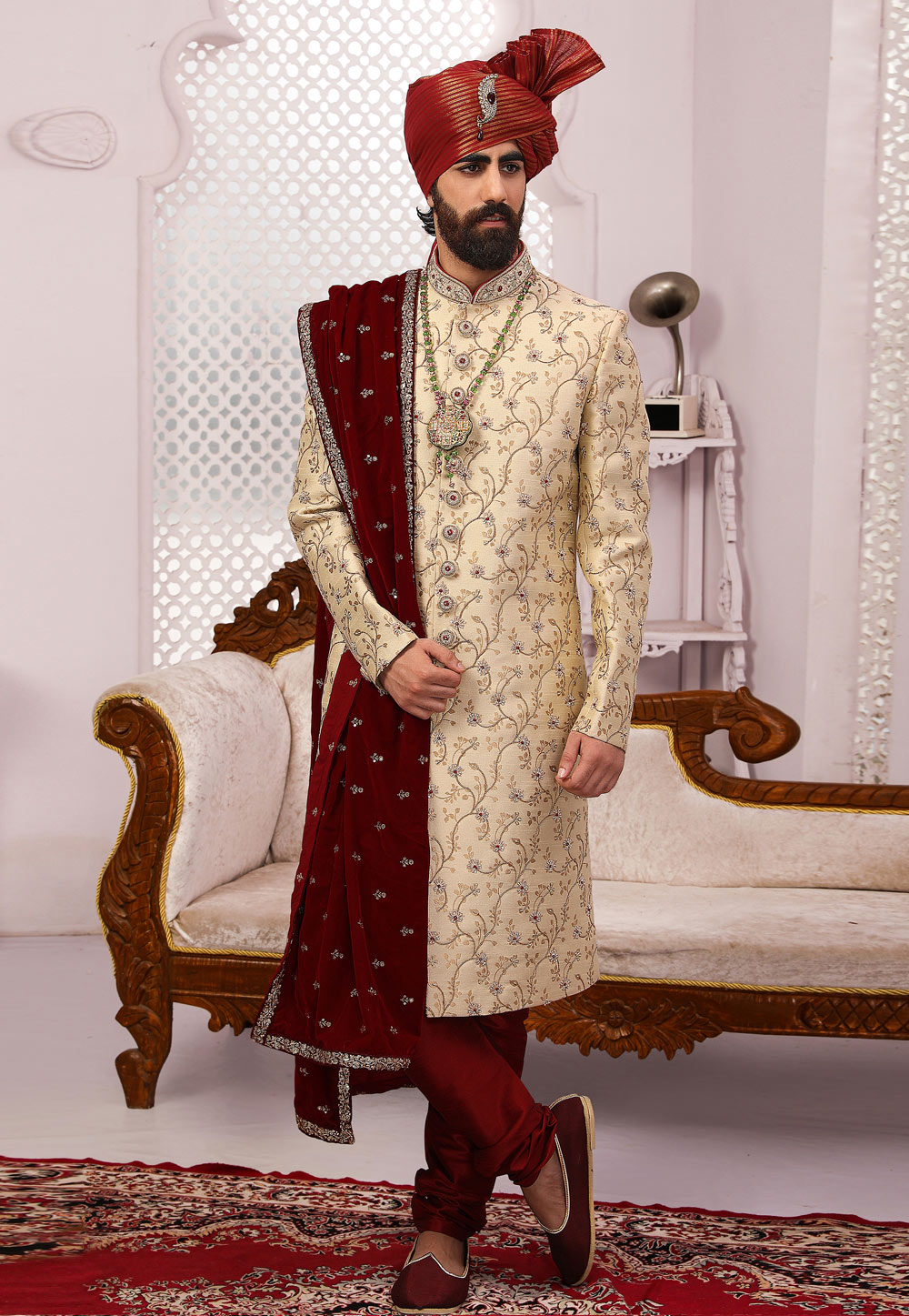 Beige Jacquard Silk Achkan Style Sherwani 239995