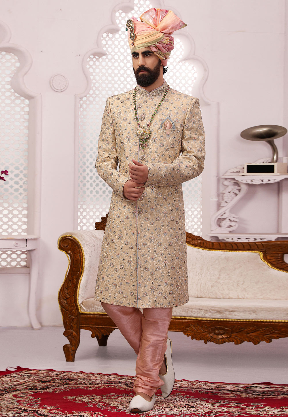 Beige Banarasi Silk Achkan Style Sherwani 239997