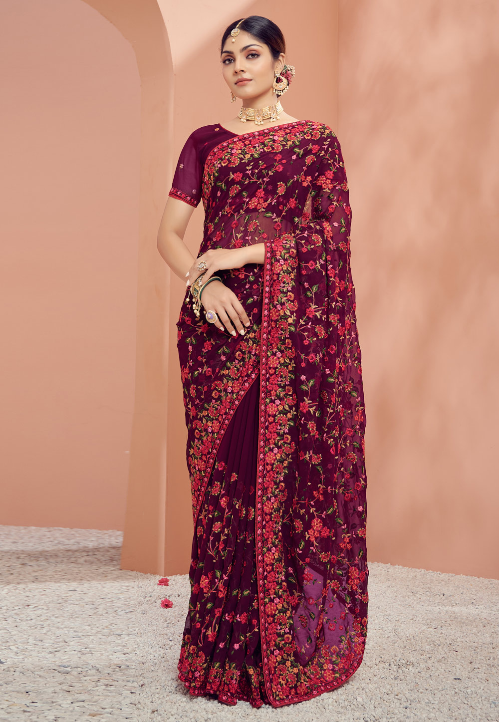Wine Georgette Saree With Blouse 247565