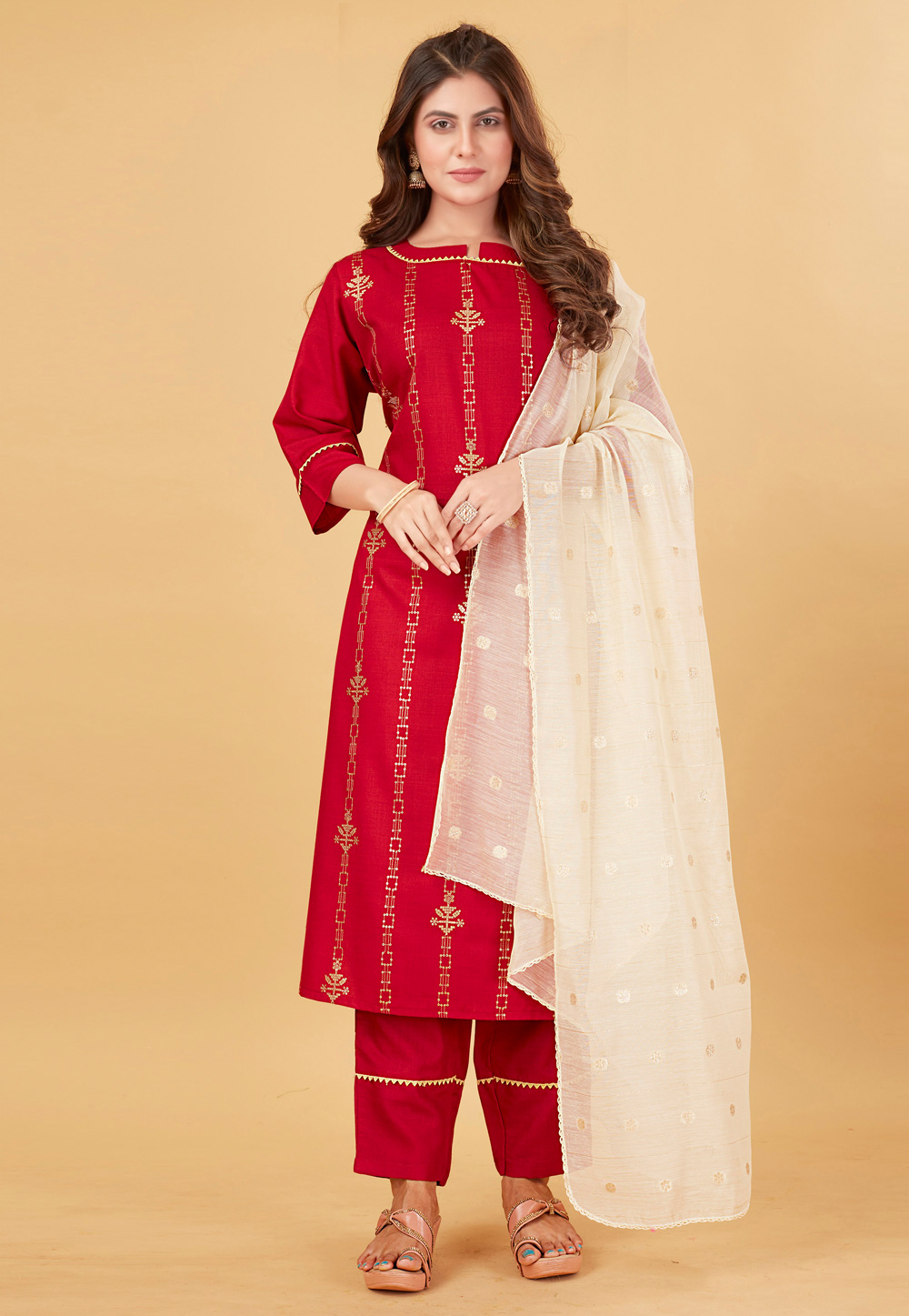 Maroon Cotton Readymade Pant Style Suit 266081