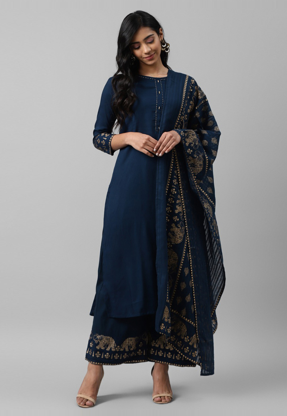 Navy Blue Rayon Readymade Palazzo Suit 213621