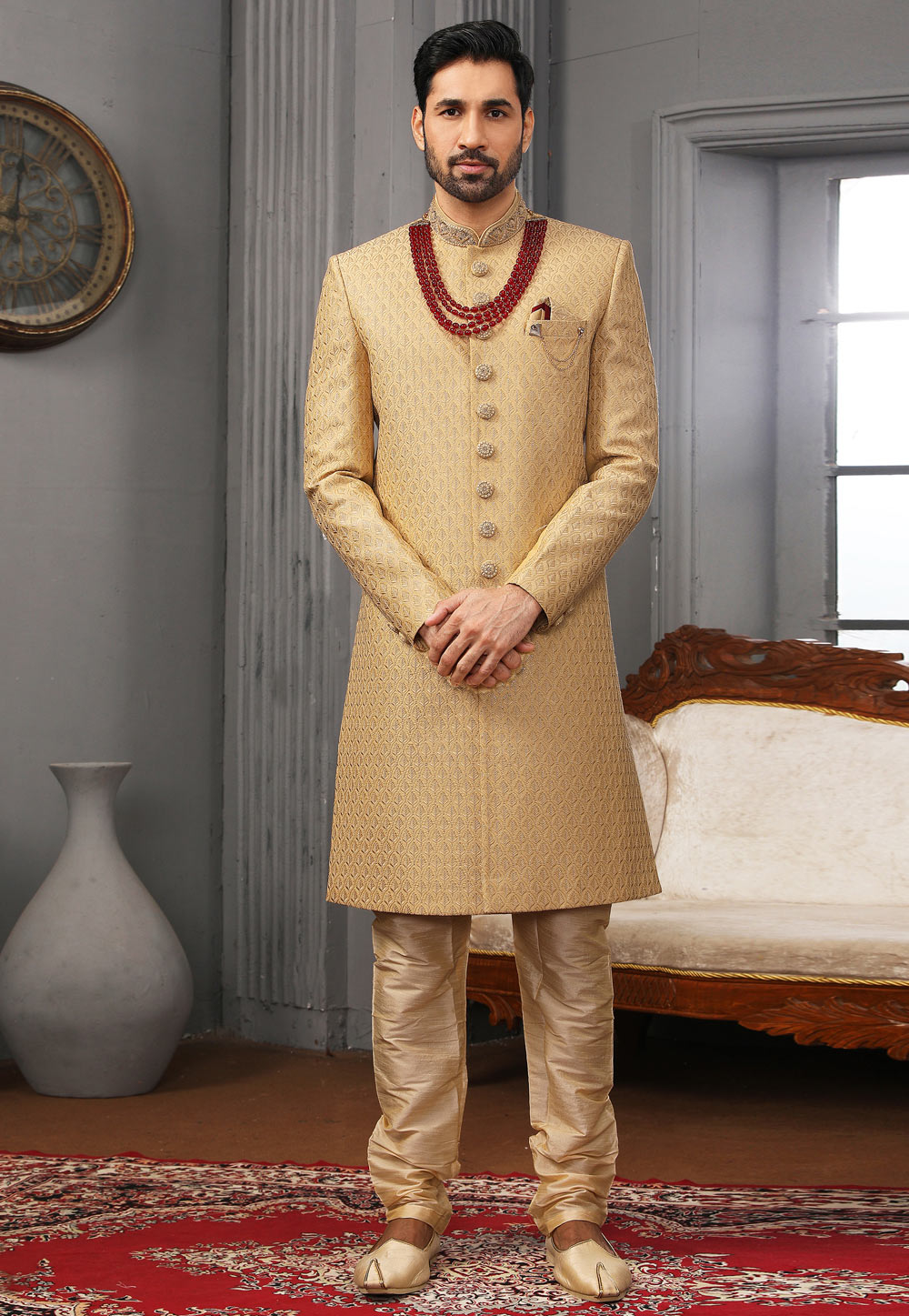 Golden Banarasi Silk Achkan Style Sherwani 239975