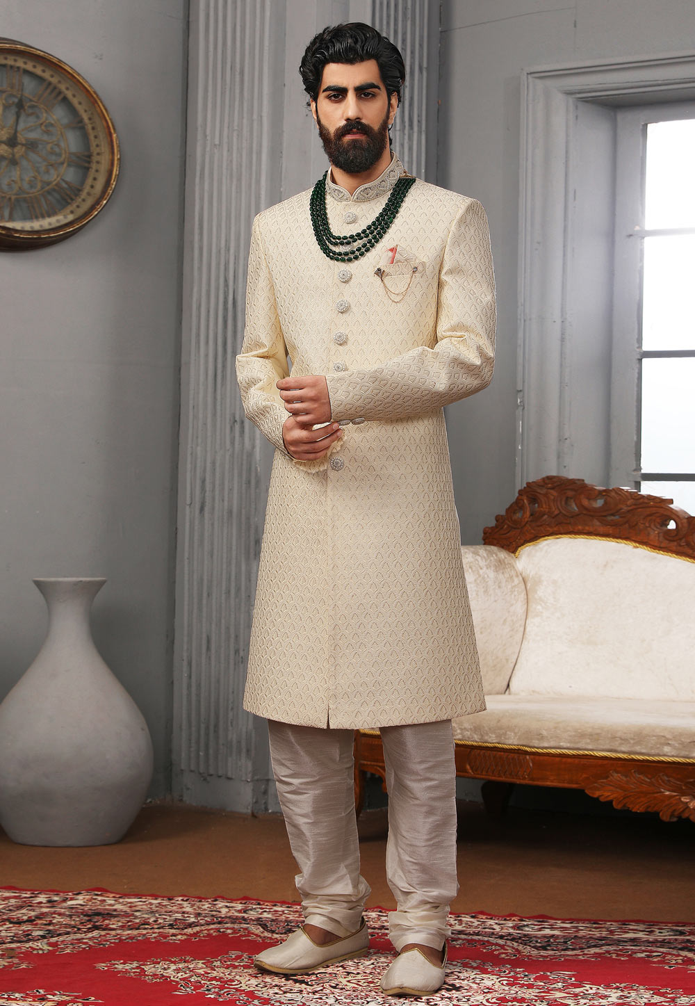 Cream Banarasi Silk Achkan Style Sherwani 239976