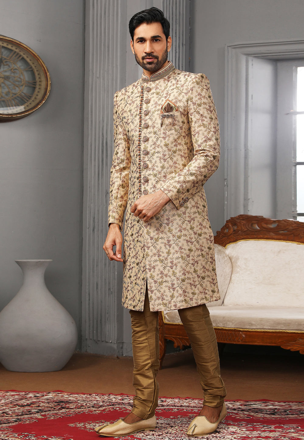 Beige Banarasi Silk Achkan Style Sherwani 239977