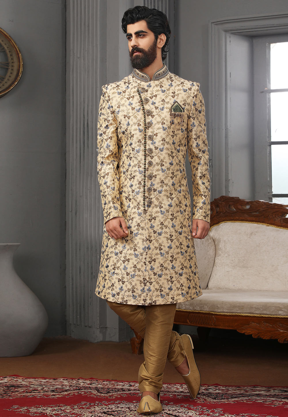 Beige Banarasi Silk Achkan Style Sherwani 239978