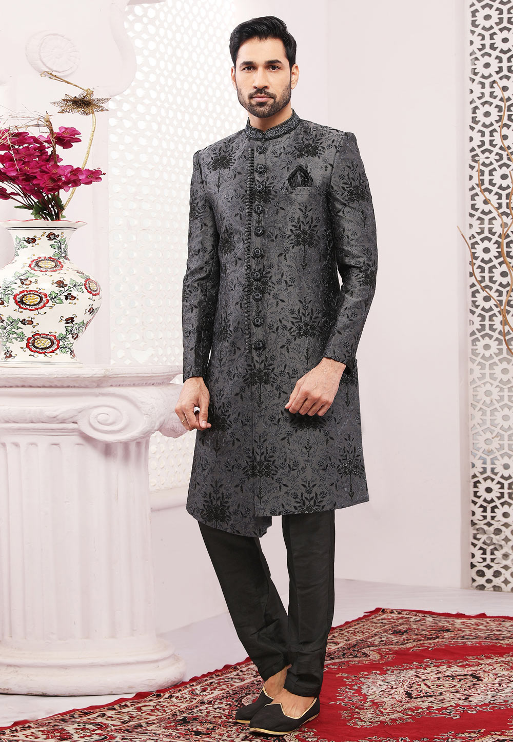 Grey Banarasi Silk Achkan Style Sherwani 239980