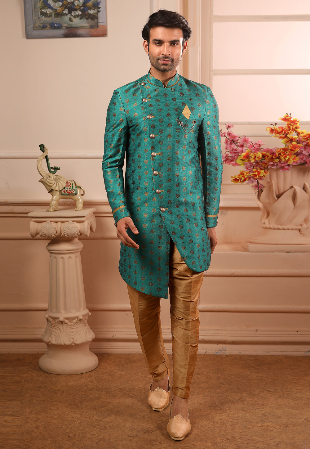 Green Jacquard Readymade Indo Western Suit 186562