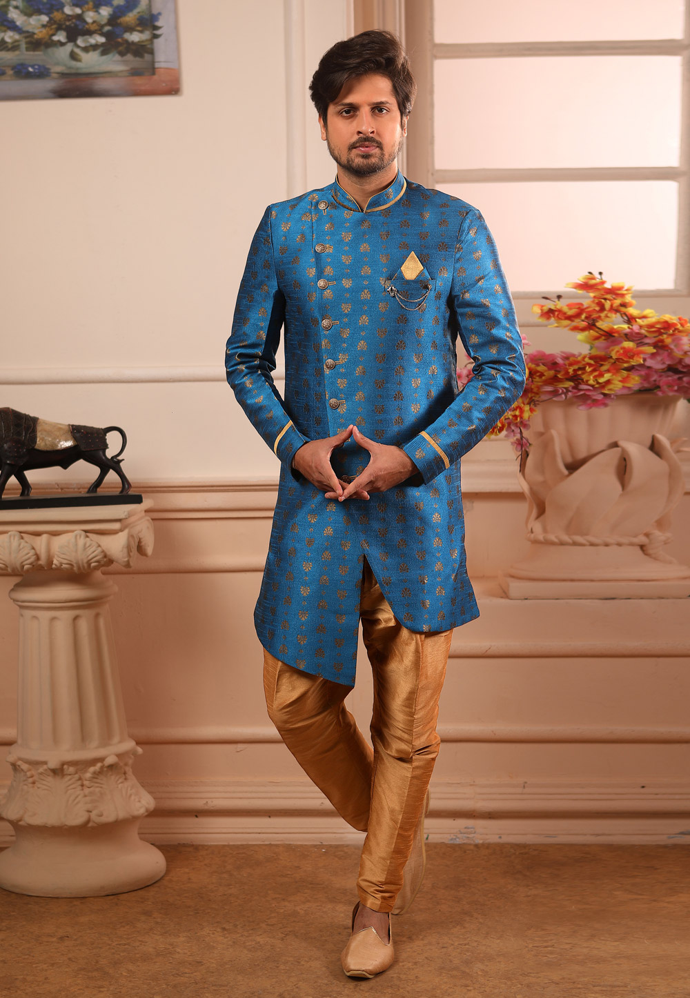 Blue Jacquard Readymade Indo Western Suit 186563