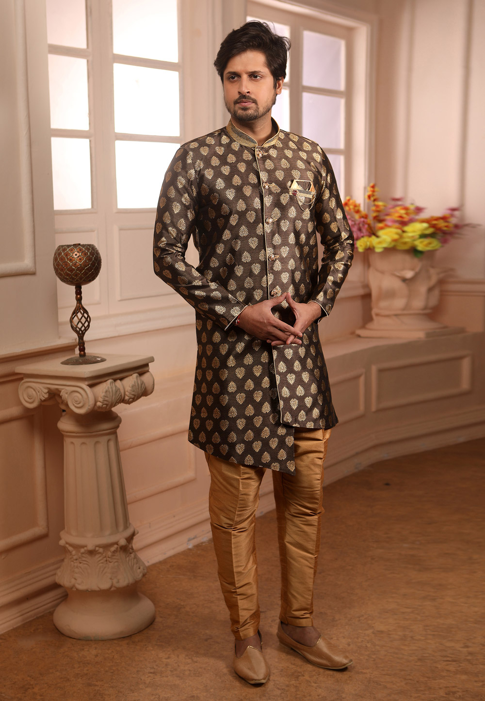 Brown Jacquard Readymade Indo Western Suit 186565