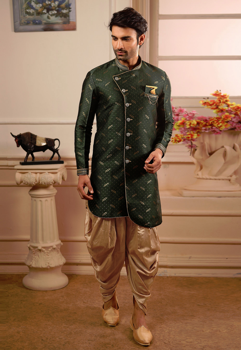 Green Jacquard Readymade Indo Western Suit 186568