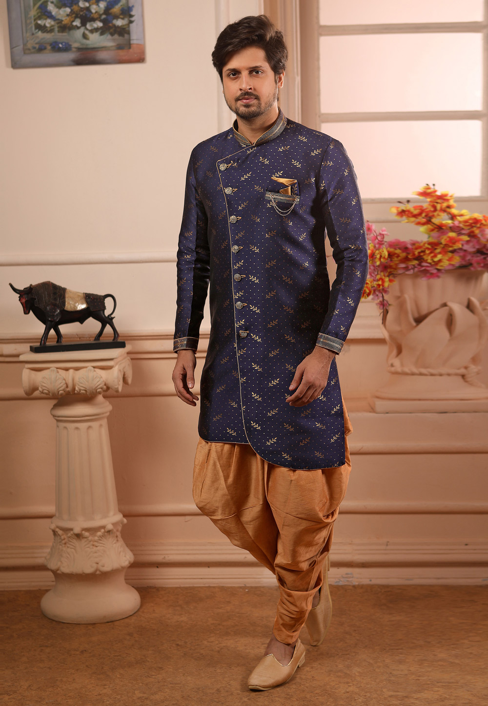 Navy Blue Jacquard Readymade Indo Western Suit 186569