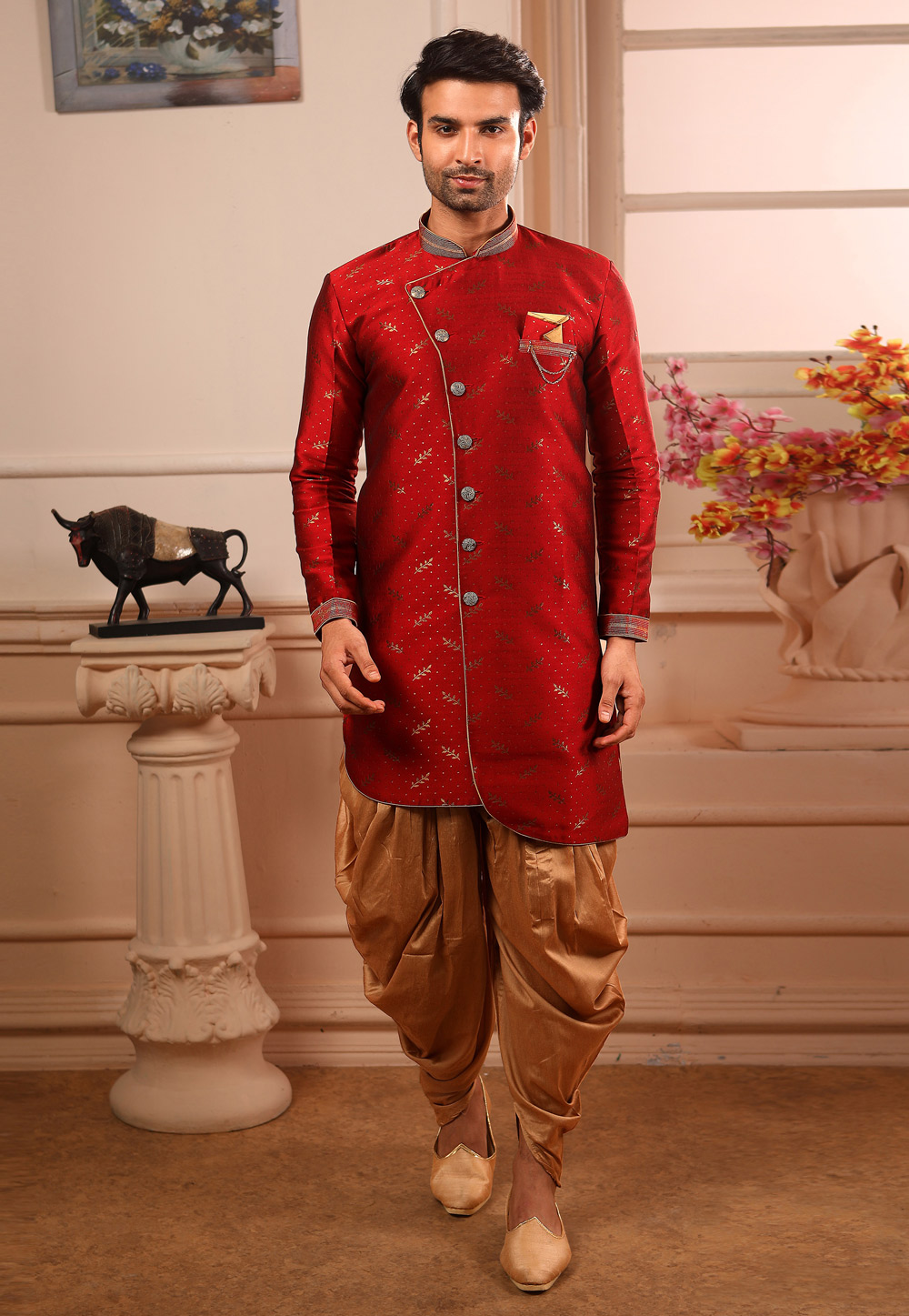 Maroon Jacquard Readymade Indo Western Suit 186681