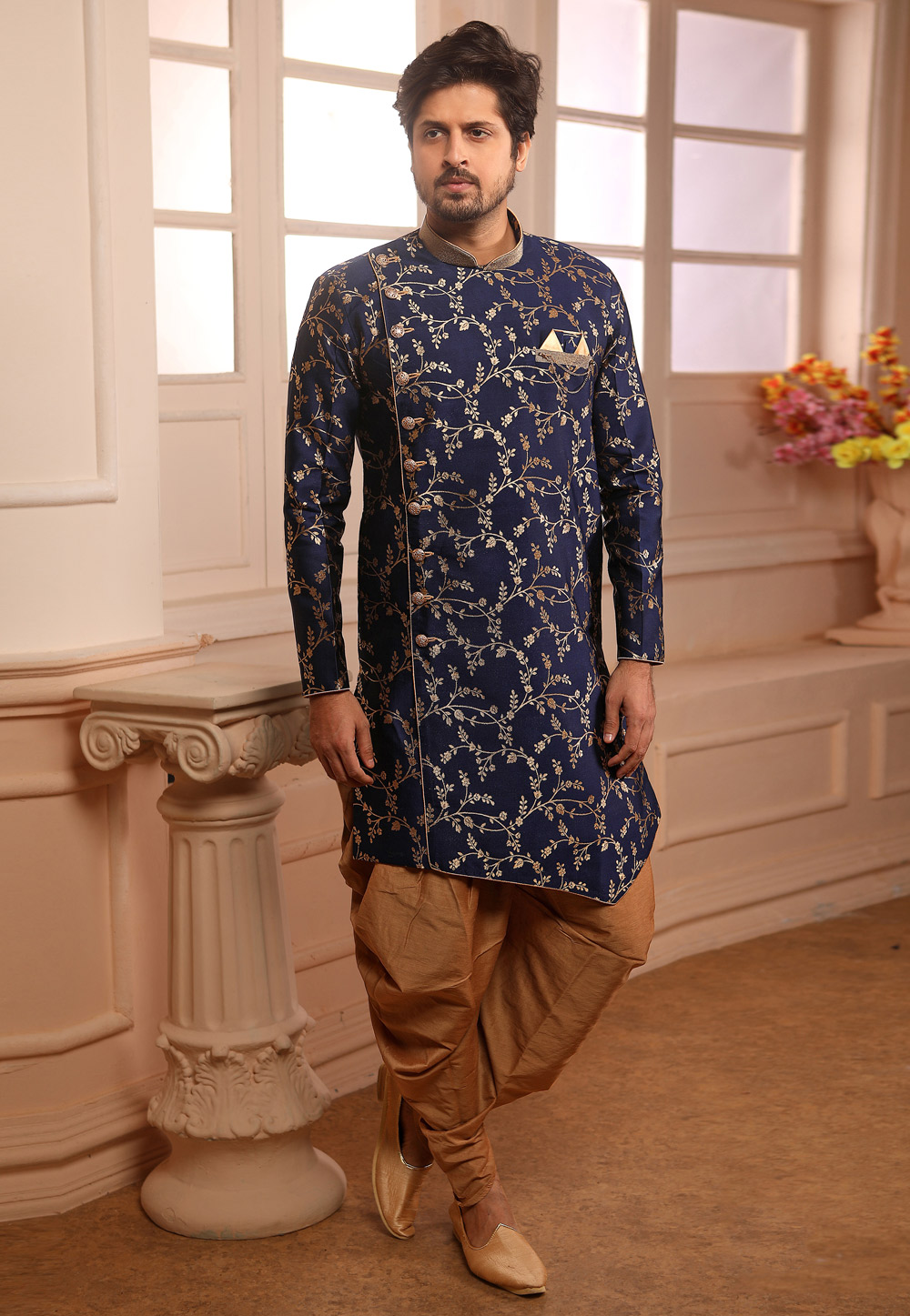 Navy Blue Jacquard Readymade Indo Western Suit 186682