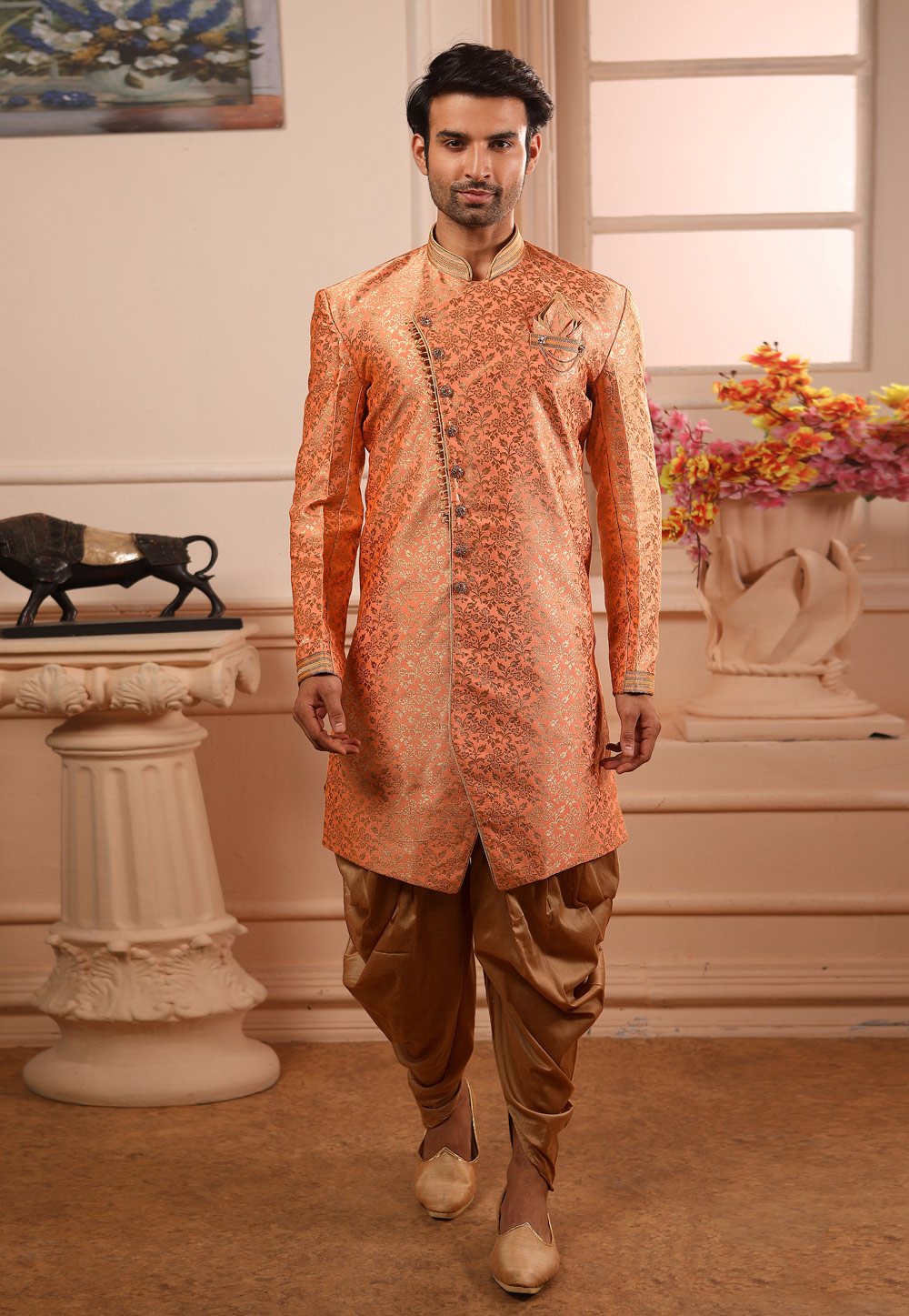 Peach Jacquard Readymade Indo Western Suit 186685