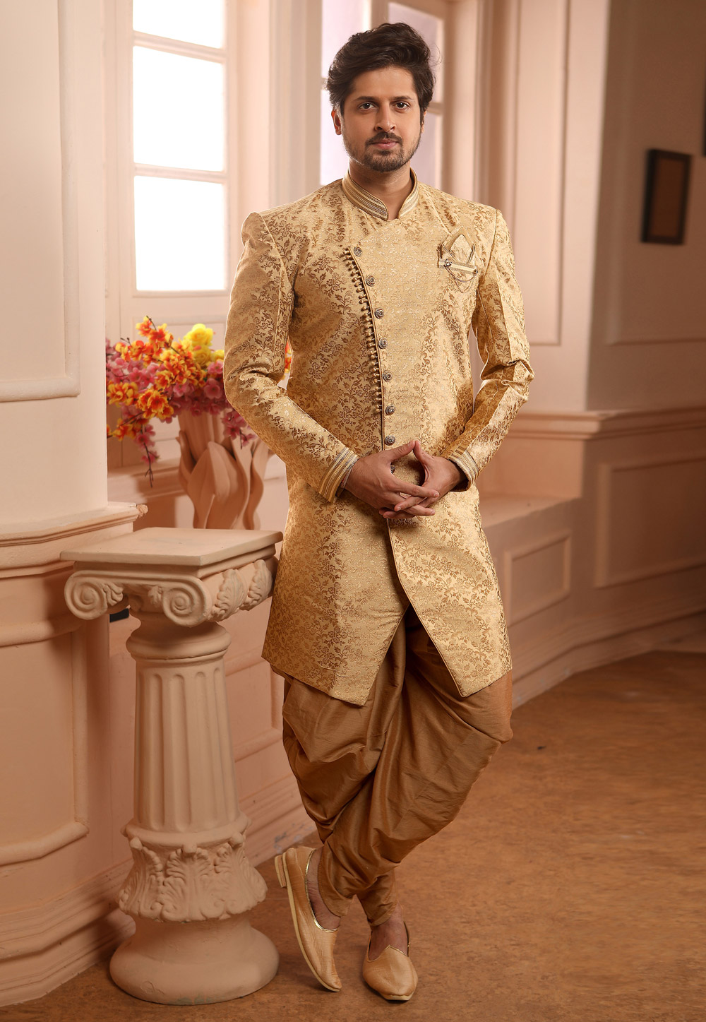 Golden Jacquard Readymade Indo Western Suit 186686
