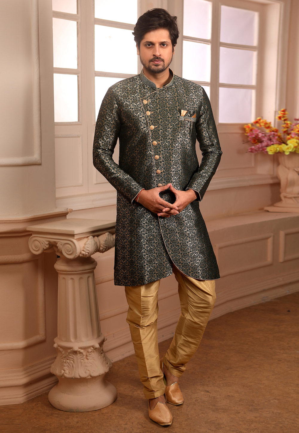 Green Jacquard Readymade Indo Western Suit 186690