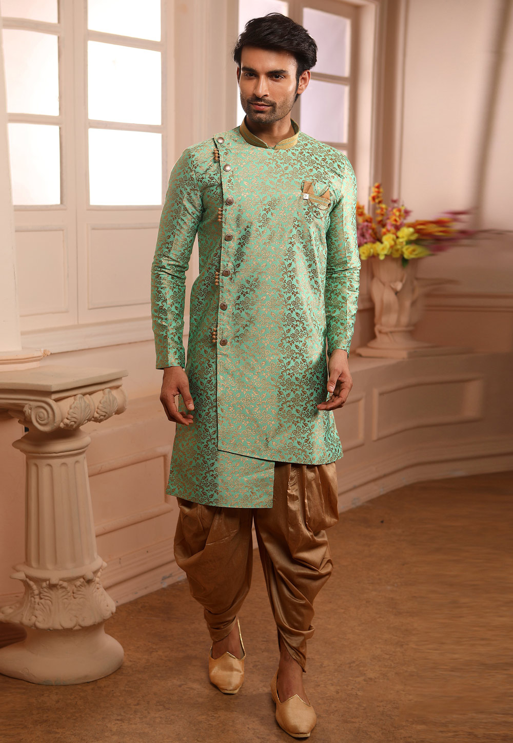 Green Jacquard Readymade Indo Western Suit 186692
