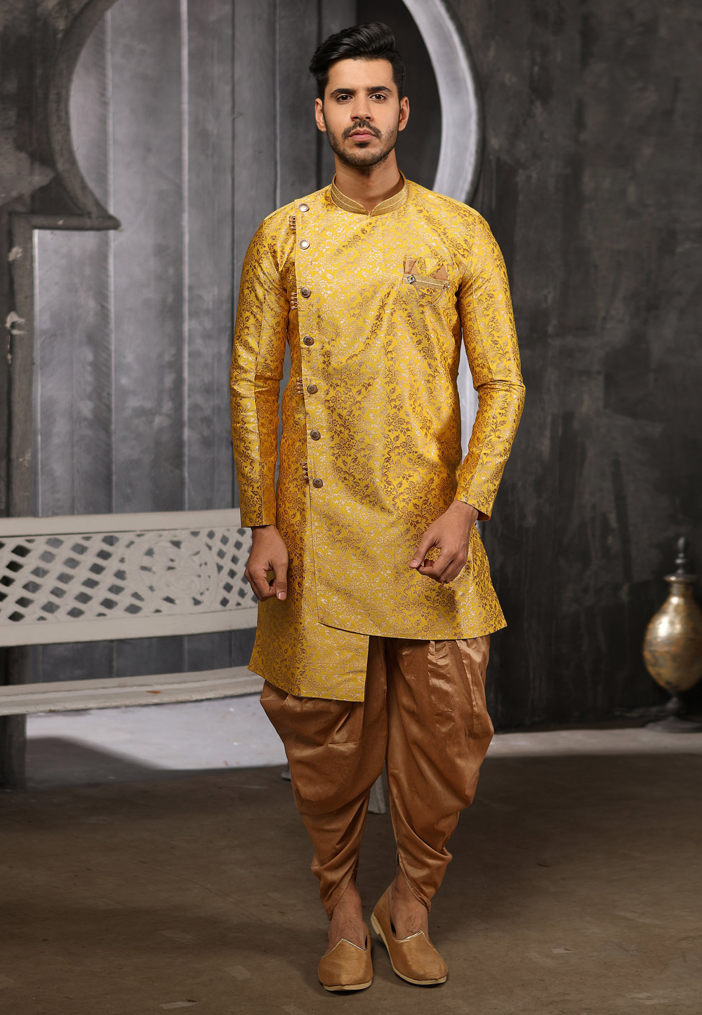 Yellow Jacquard Readymade Indo Western Suit 186693